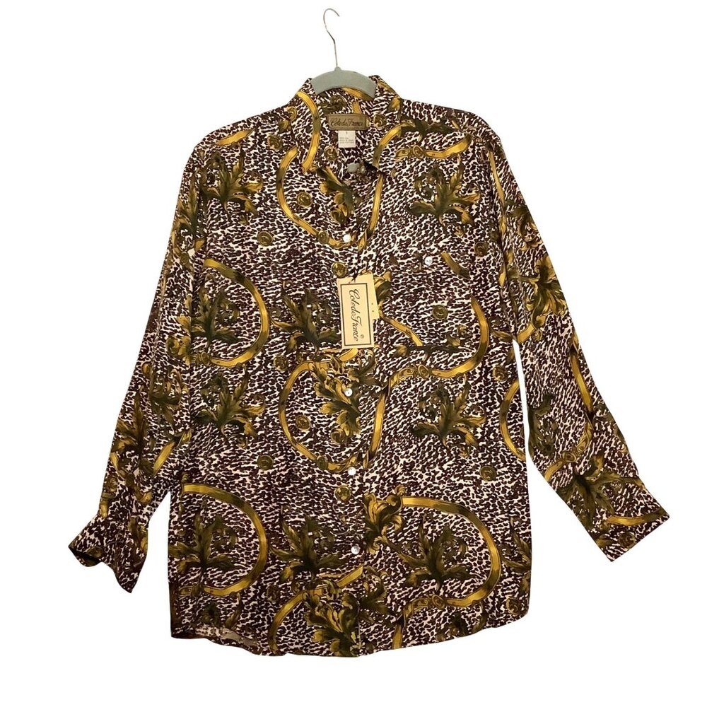Vtg Cote De France Heavyweight 100% Silk Button-Up Blouse Women Size Small Anima
